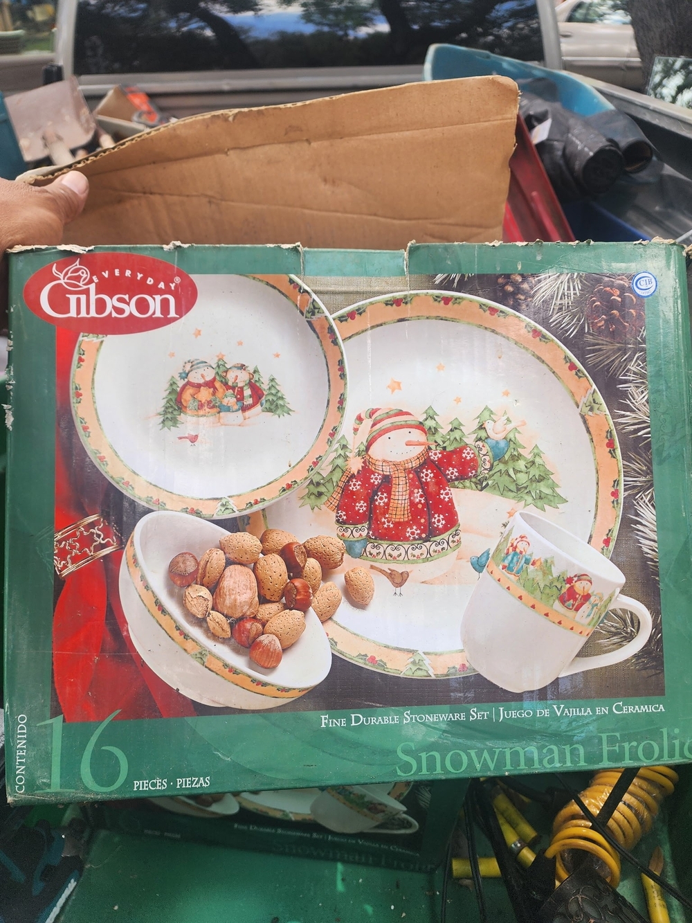 Gibson Snowman Dinnerware Set — White with Red & Green Accents